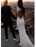 High Neck Ivory Lace Slit Floral Wedding Dress